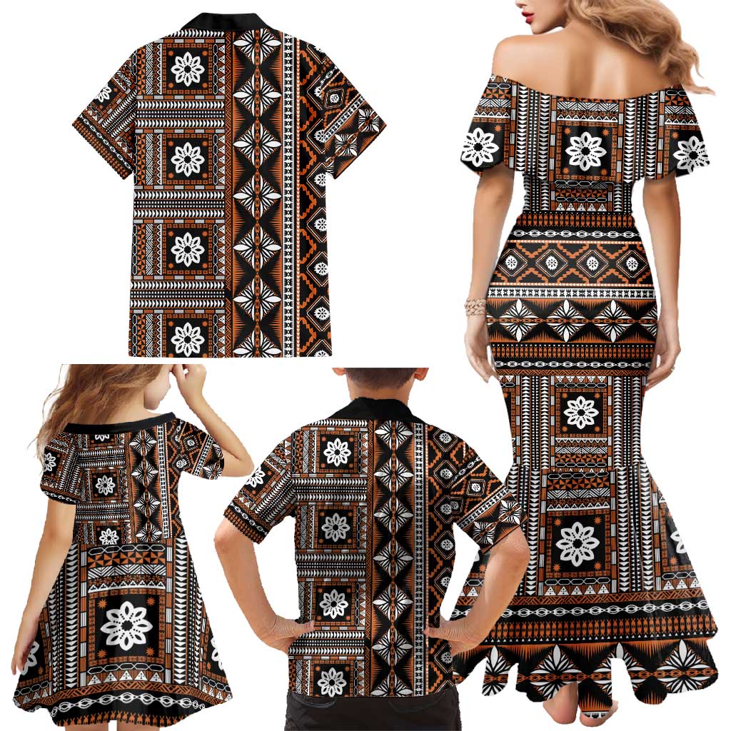 Fiji Masi Tapa Pattern Orange Family Matching Mermaid Dress and Hawaiian Shirt - Polynesian Pride