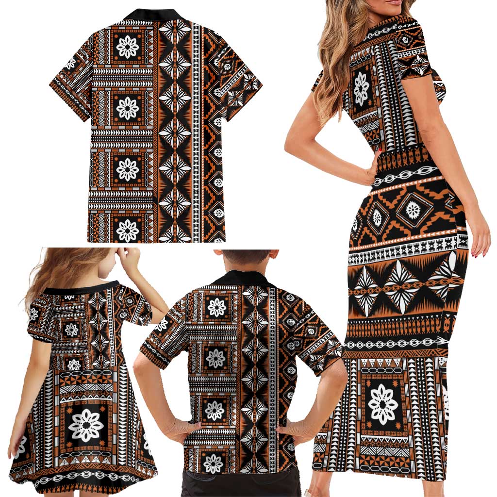 Fiji Masi Tapa Pattern Orange Family Matching Short Sleeve Bodycon Dress and Hawaiian Shirt - Polynesian Pride