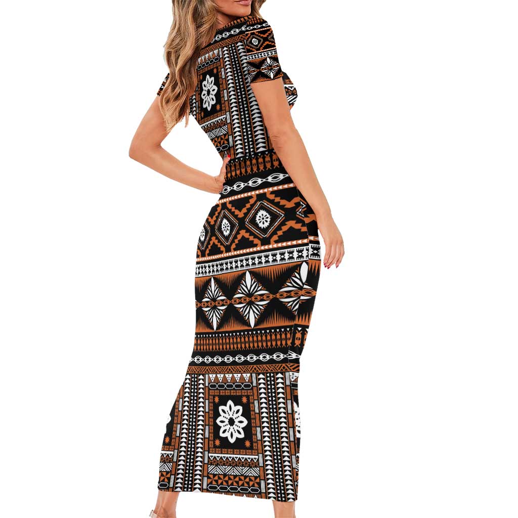 Fiji Masi Tapa Pattern Orange Family Matching Short Sleeve Bodycon Dress and Hawaiian Shirt - Polynesian Pride