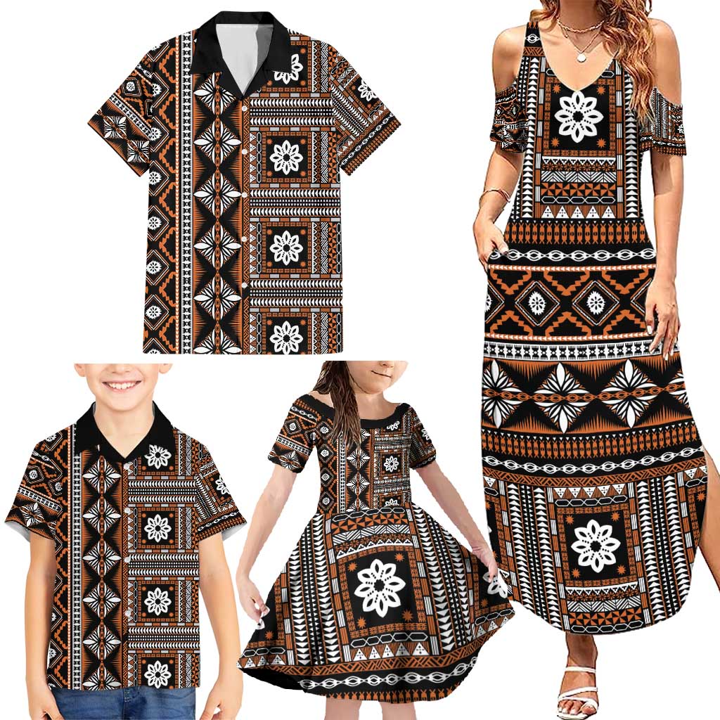 Fiji Masi Tapa Pattern Orange Family Matching Summer Maxi Dress and Hawaiian Shirt - Polynesian Pride