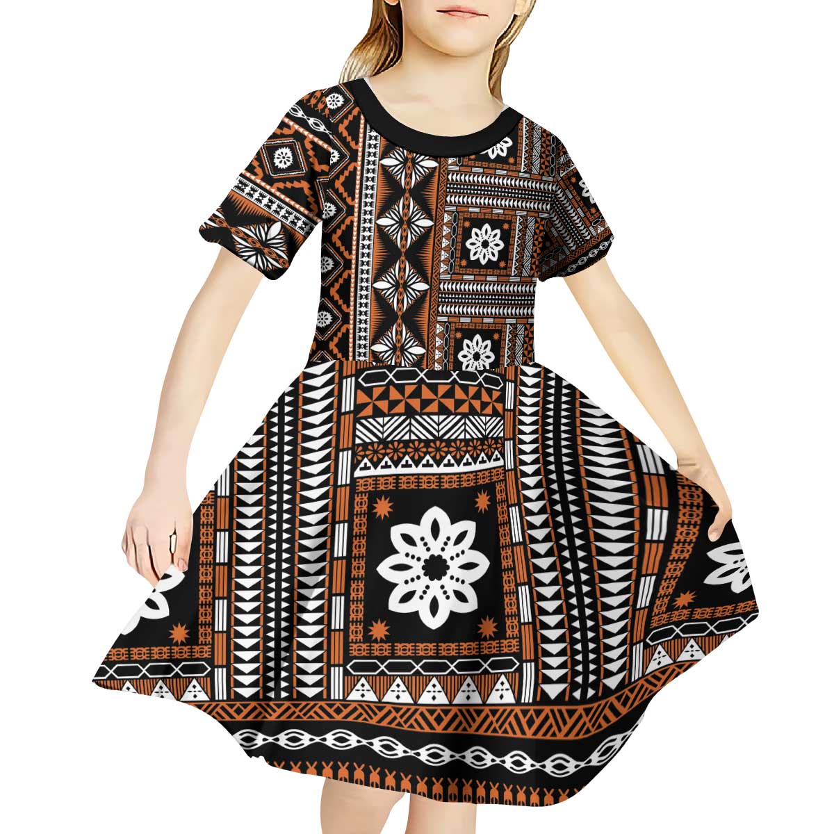 Fiji Masi Tapa Pattern Orange Kid Short Sleeve Dress - Polynesian Pride