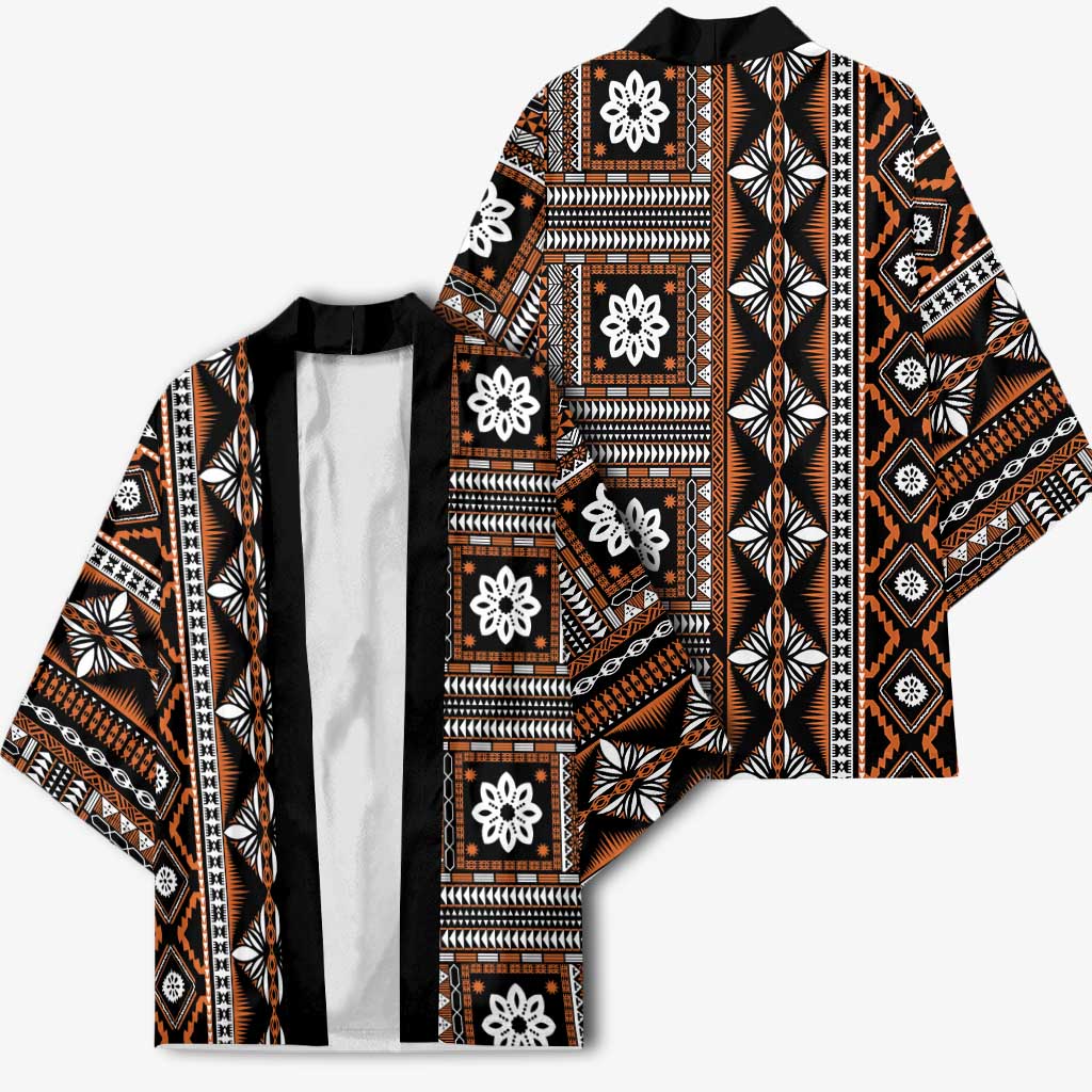 Fiji Masi Tapa Pattern Orange Kimono - Polynesian Pride