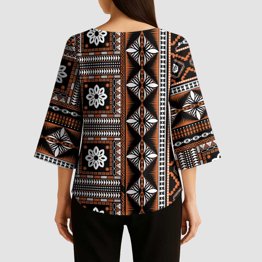 Fiji Masi Tapa Pattern Orange Kimono Sleeve Blouse - Polynesian Pride