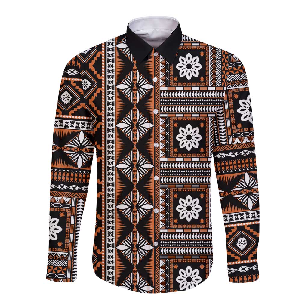 Fiji Masi Tapa Pattern Orange Long Sleeve Button Shirt - Polynesian Pride
