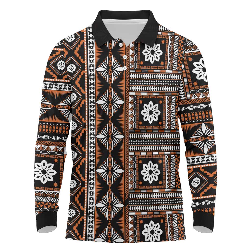 Fiji Masi Tapa Pattern Orange Long Sleeve Polo Shirt - Polynesian Pride