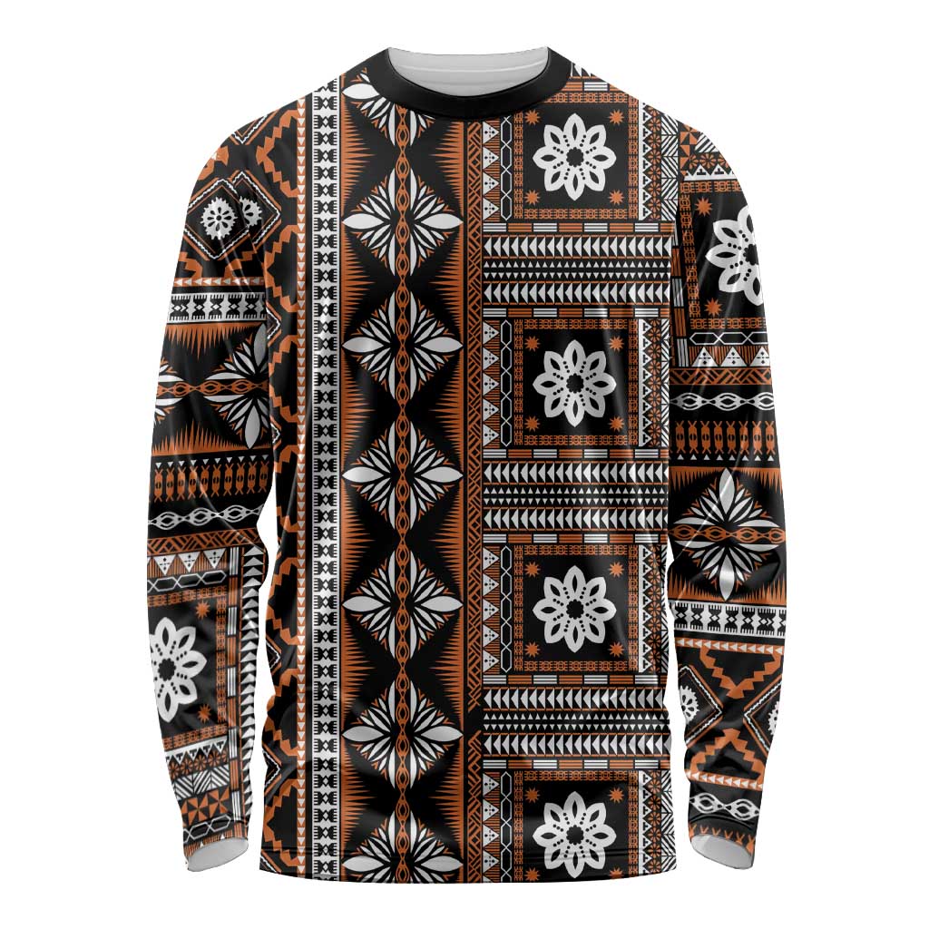 Fiji Masi Tapa Pattern Orange Long Sleeve Shirt - Polynesian Pride