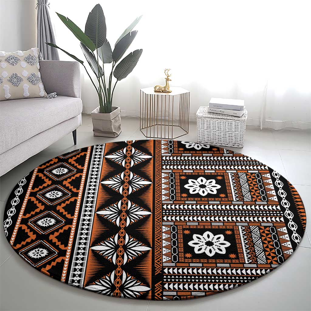 Fiji Masi Tapa Pattern Orange Round Carpet - Polynesian Pride