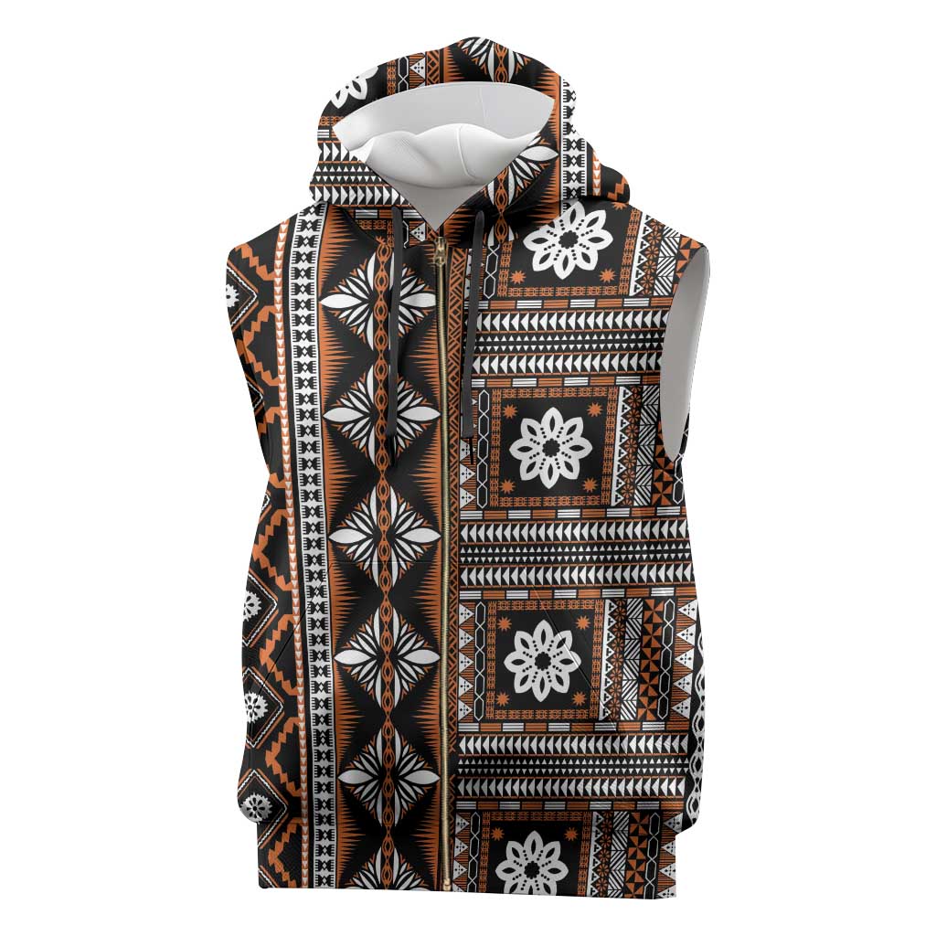 Fiji Masi Tapa Pattern Orange Sleeveless Zip Hoodie - Polynesian Pride