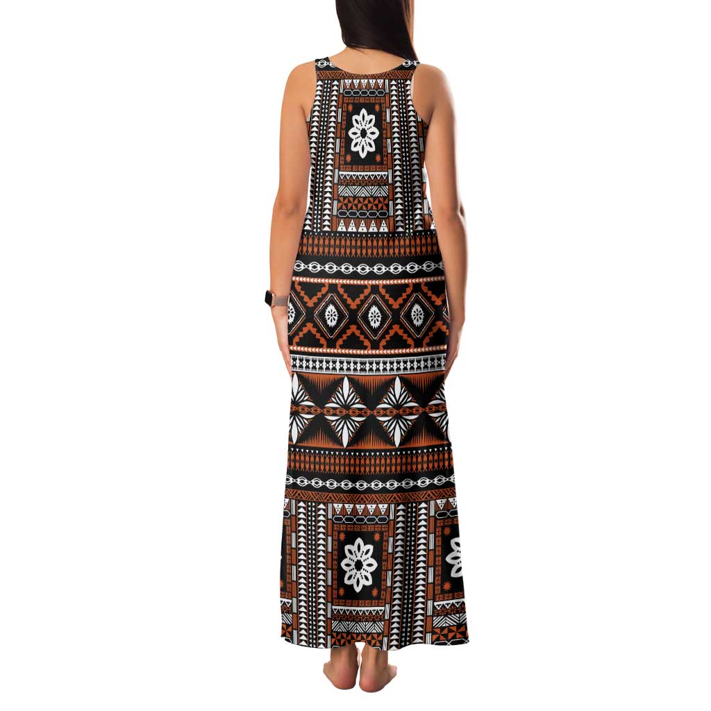 Fiji Masi Tapa Pattern Orange Tank Maxi Dress - Polynesian Pride