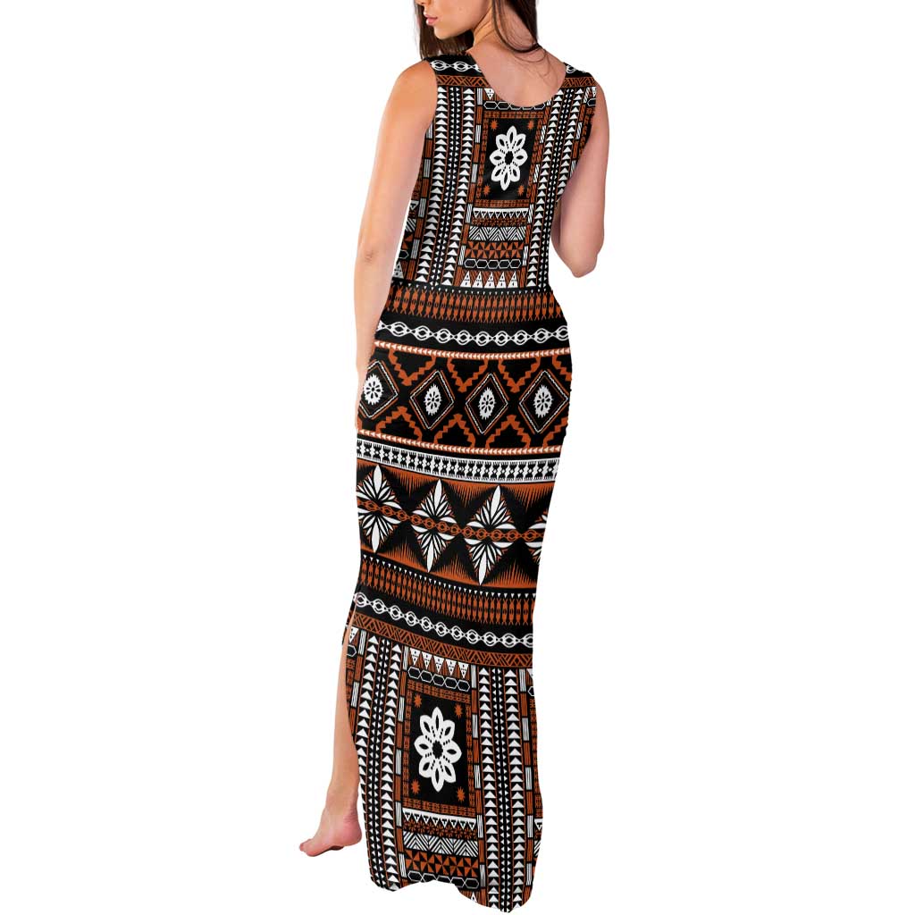 Fiji Masi Tapa Pattern Orange Tank Maxi Dress - Polynesian Pride
