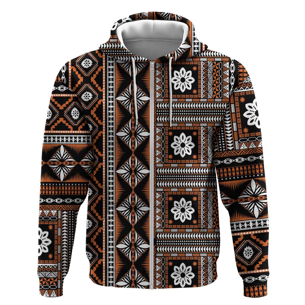 Fiji Masi Tapa Pattern Orange Zip Hoodie - Polynesian Pride