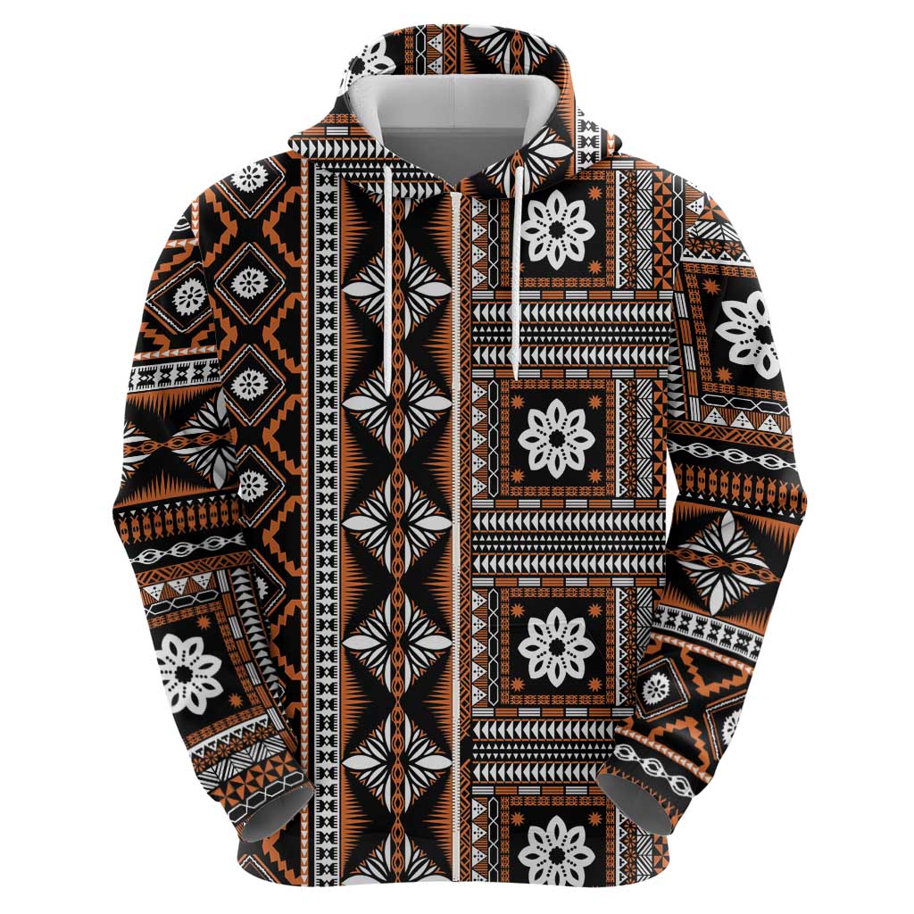 Fiji Masi Tapa Pattern Orange Zip Hoodie - Polynesian Pride