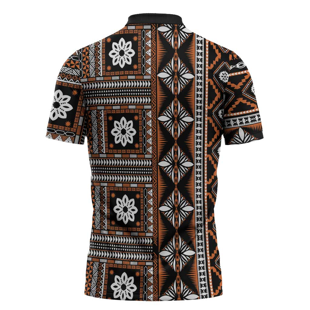 Fiji Masi Tapa Pattern Orange Zipper Polo Shirt - Polynesian Pride