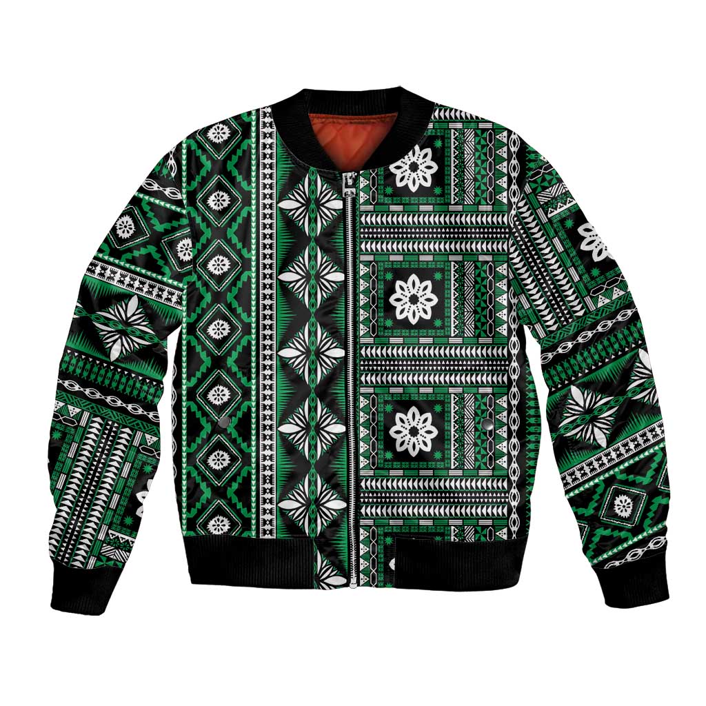 Fiji Masi Tapa Pattern Green Bomber Jacket - Polynesian Pride