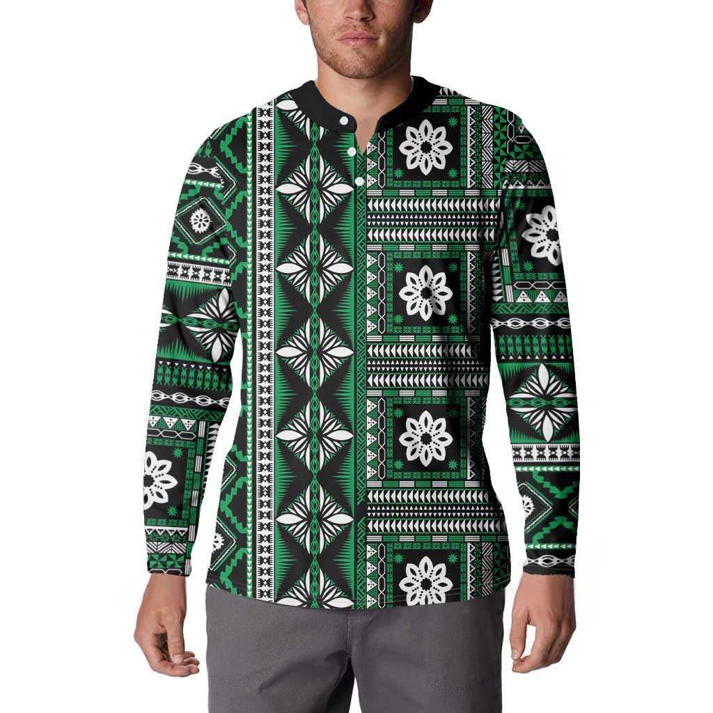 Fiji Masi Tapa Pattern Green Button Sweatshirt - Polynesian Pride