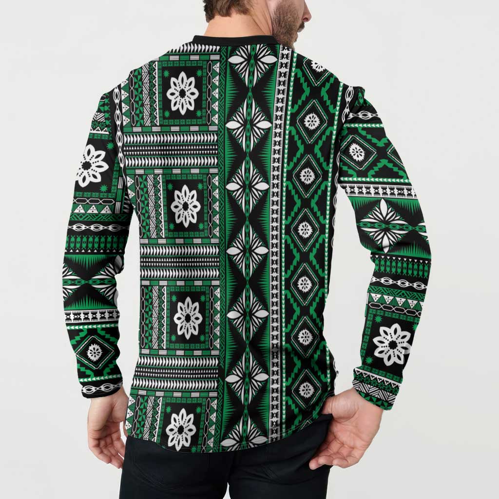 Fiji Masi Tapa Pattern Green Button Sweatshirt - Polynesian Pride