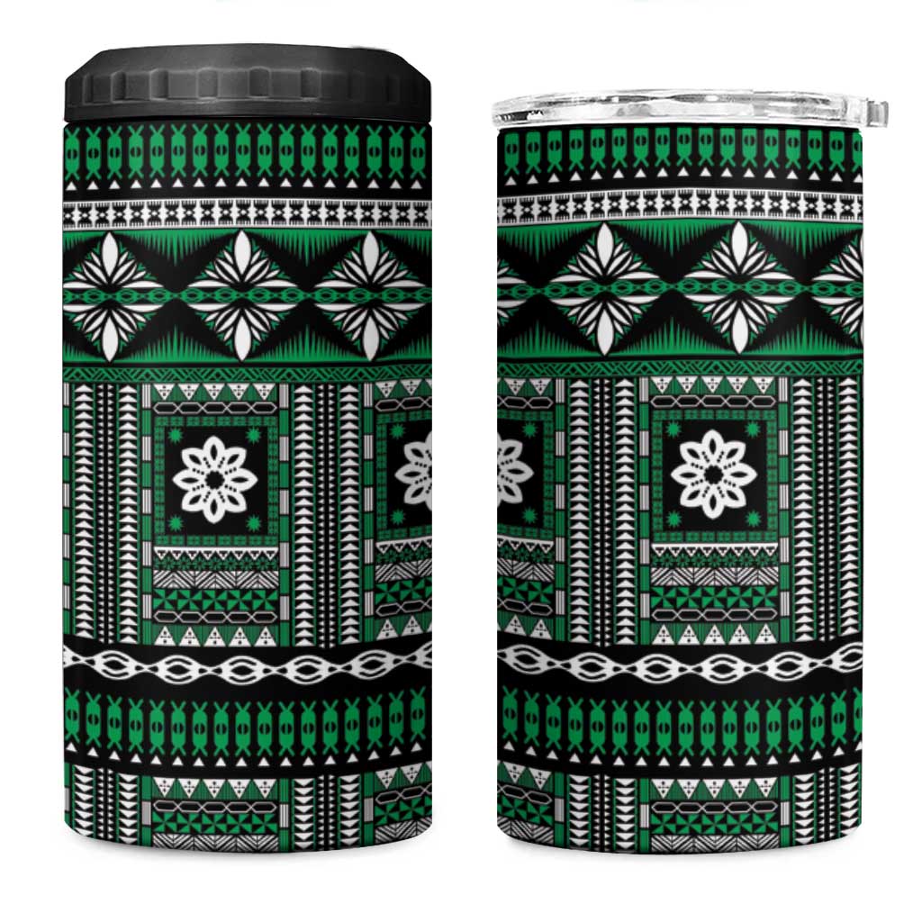 Fiji Masi Tapa Pattern Green 4 in 1 Can Cooler Tumbler - Polynesian Pride