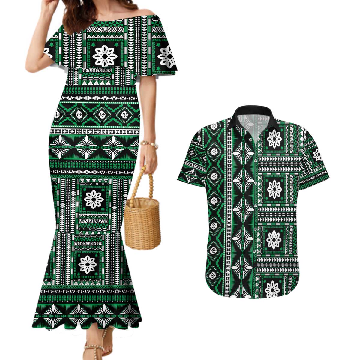 Fiji Masi Tapa Pattern Green Couples Matching Mermaid Dress and Hawaiian Shirt - Polynesian Pride