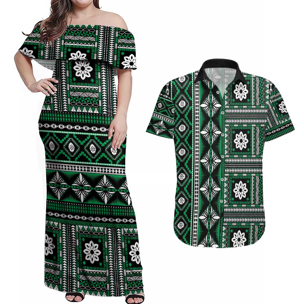 Fiji Masi Tapa Pattern Green Couples Matching Off Shoulder Maxi Dress and Hawaiian Shirt - Polynesian Pride