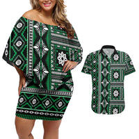 Fiji Masi Tapa Pattern Green Couples Matching Off Shoulder Short Dress and Hawaiian Shirt - Polynesian Pride
