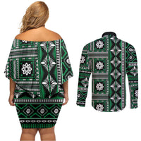 Fiji Masi Tapa Pattern Green Couples Matching Off Shoulder Short Dress and Long Sleeve Button Shirt - Polynesian Pride