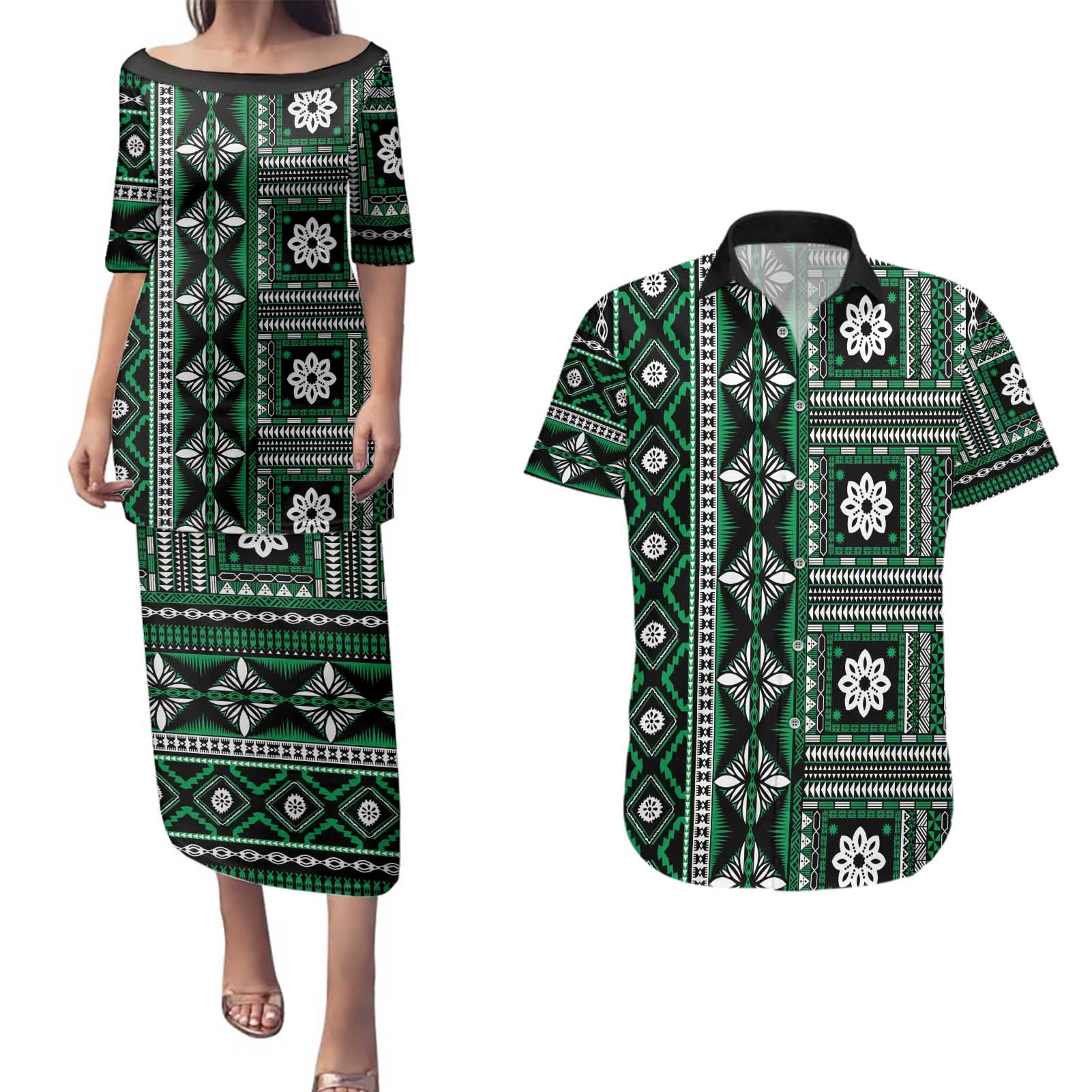Fiji Masi Tapa Pattern Green Couples Matching Puletasi and Hawaiian Shirt - Polynesian Pride