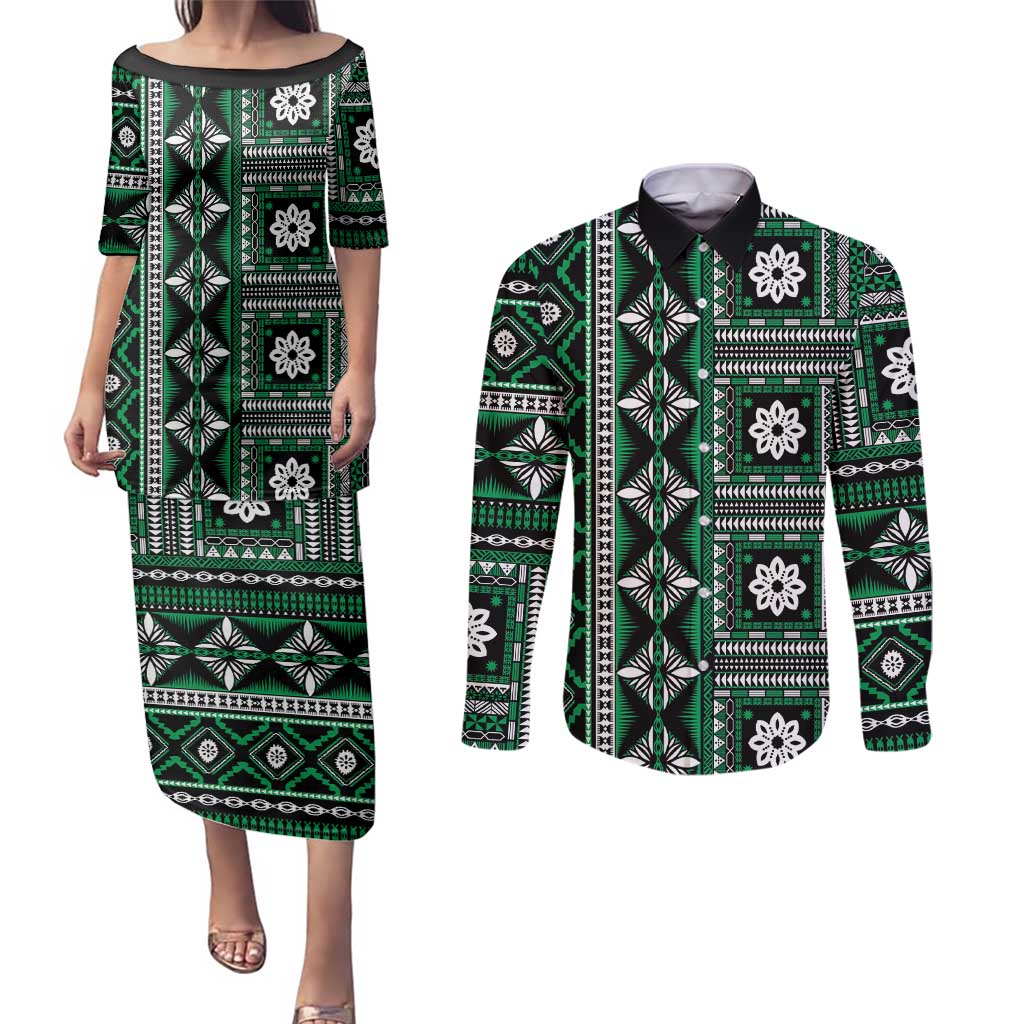 Fiji Masi Tapa Pattern Green Couples Matching Puletasi and Long Sleeve Button Shirt - Polynesian Pride