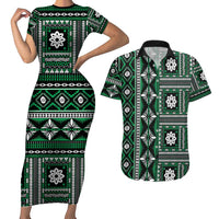 Fiji Masi Tapa Pattern Green Couples Matching Short Sleeve Bodycon Dress and Hawaiian Shirt - Polynesian Pride