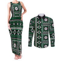Fiji Masi Tapa Pattern Green Couples Matching Tank Maxi Dress and Long Sleeve Button Shirt - Polynesian Pride