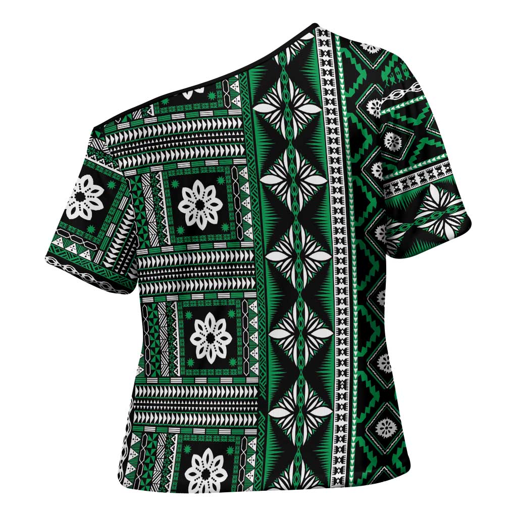 Fiji Masi Tapa Pattern Green Cross Shoulder Shirt - Polynesian Pride