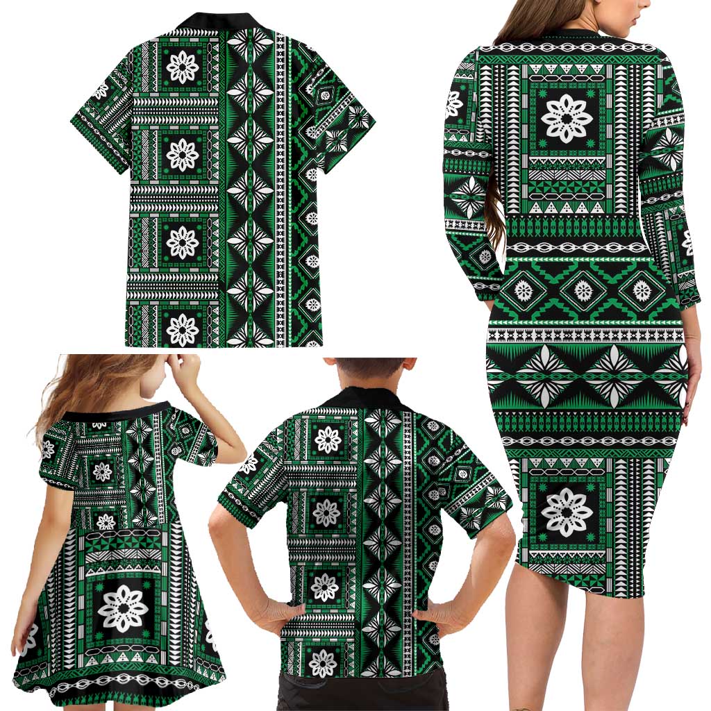 Fiji Masi Tapa Pattern Green Family Matching Long Sleeve Bodycon Dress and Hawaiian Shirt - Polynesian Pride