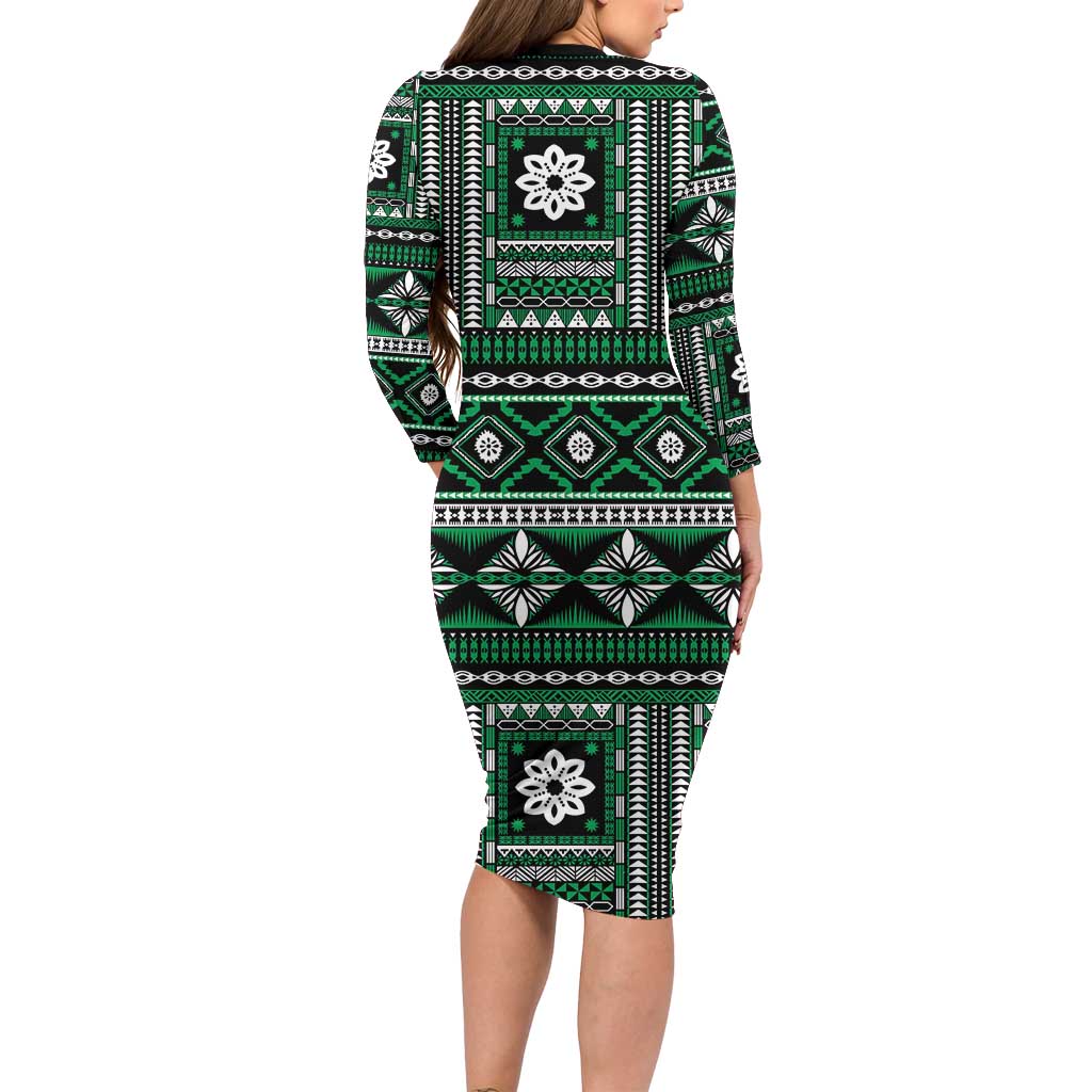 Fiji Masi Tapa Pattern Green Family Matching Long Sleeve Bodycon Dress and Hawaiian Shirt - Polynesian Pride