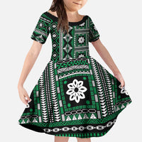 Fiji Masi Tapa Pattern Green Family Matching Off The Shoulder Long Sleeve Dress and Hawaiian Shirt - Polynesian Pride