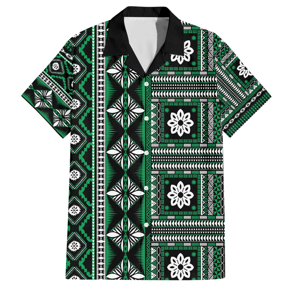 Fiji Masi Tapa Pattern Green Family Matching Off The Shoulder Long Sleeve Dress and Hawaiian Shirt - Polynesian Pride