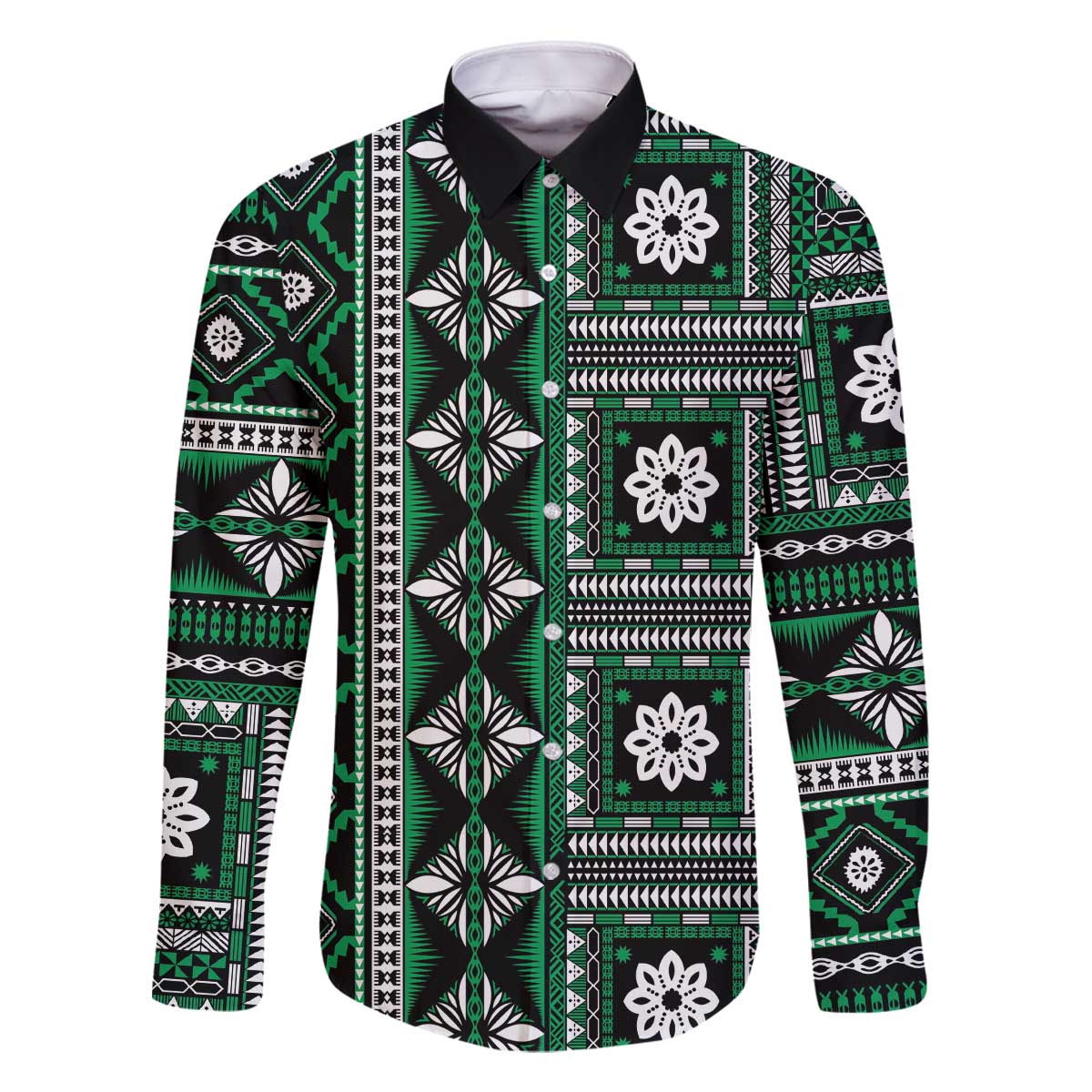 Fiji Masi Tapa Pattern Green Family Matching Off The Shoulder Long Sleeve Dress and Hawaiian Shirt - Polynesian Pride