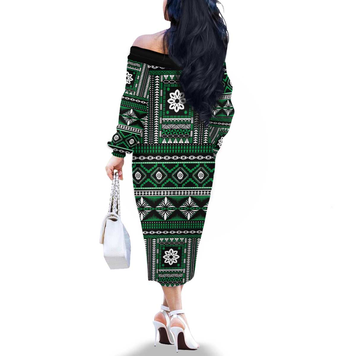 Fiji Masi Tapa Pattern Green Family Matching Off The Shoulder Long Sleeve Dress and Hawaiian Shirt - Polynesian Pride