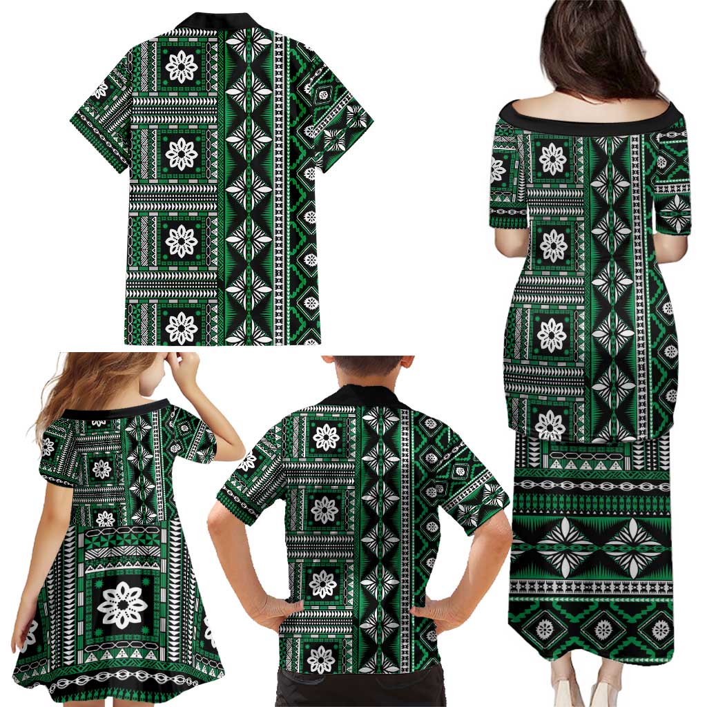 Fiji Masi Tapa Pattern Green Family Matching Puletasi and Hawaiian Shirt - Polynesian Pride