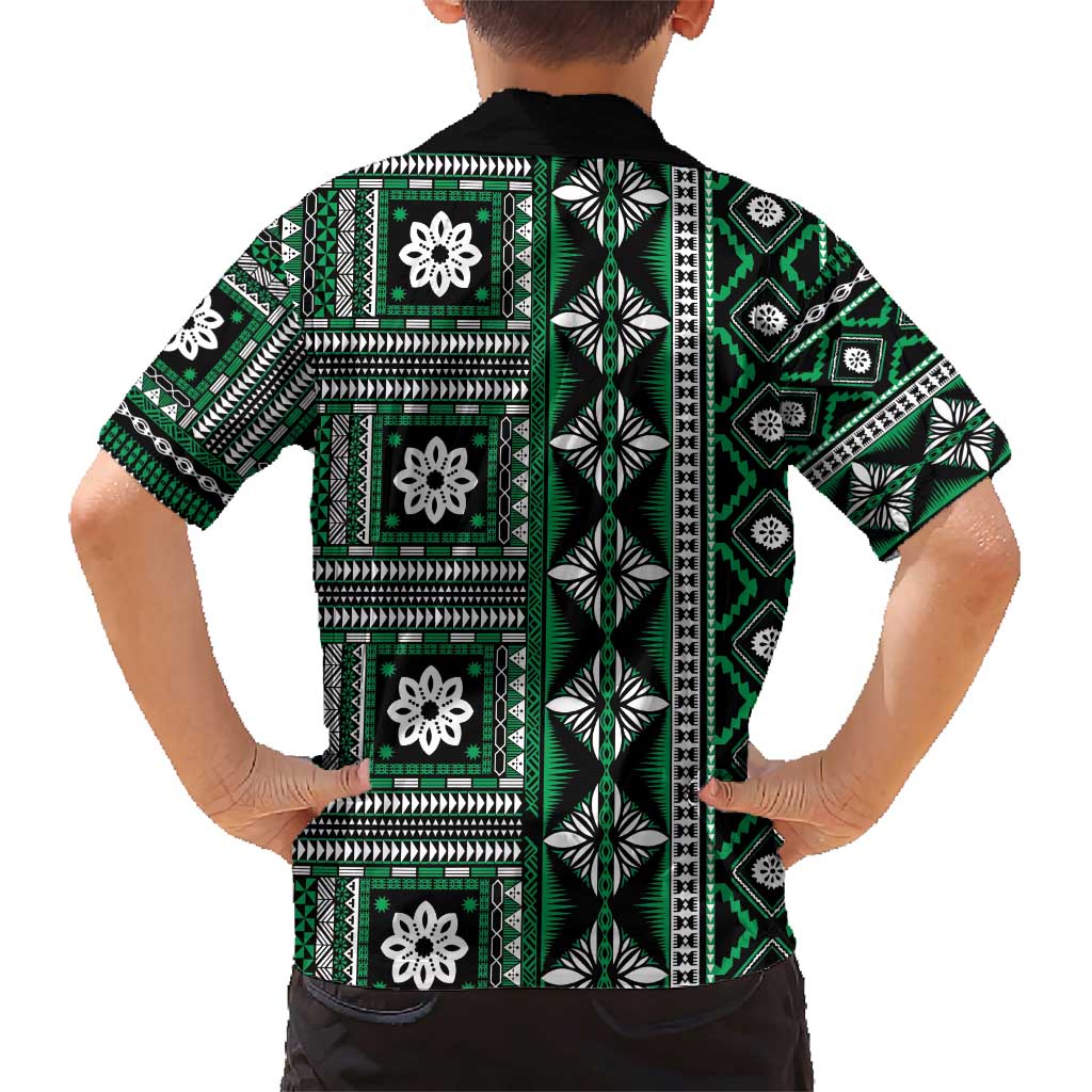 Fiji Masi Tapa Pattern Green Family Matching Short Sleeve Bodycon Dress and Hawaiian Shirt - Polynesian Pride