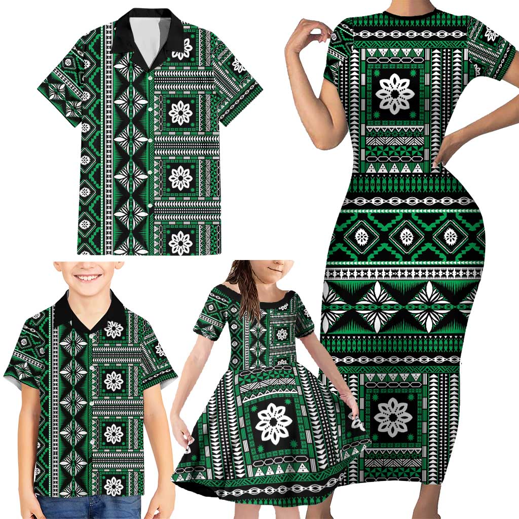 Fiji Masi Tapa Pattern Green Family Matching Short Sleeve Bodycon Dress and Hawaiian Shirt - Polynesian Pride