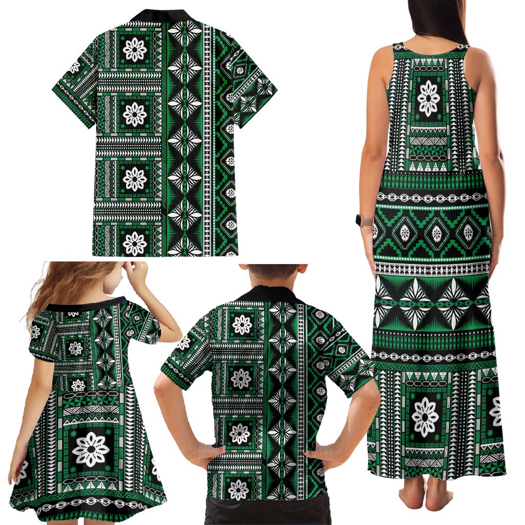 Fiji Masi Tapa Pattern Green Family Matching Tank Maxi Dress and Hawaiian Shirt - Polynesian Pride