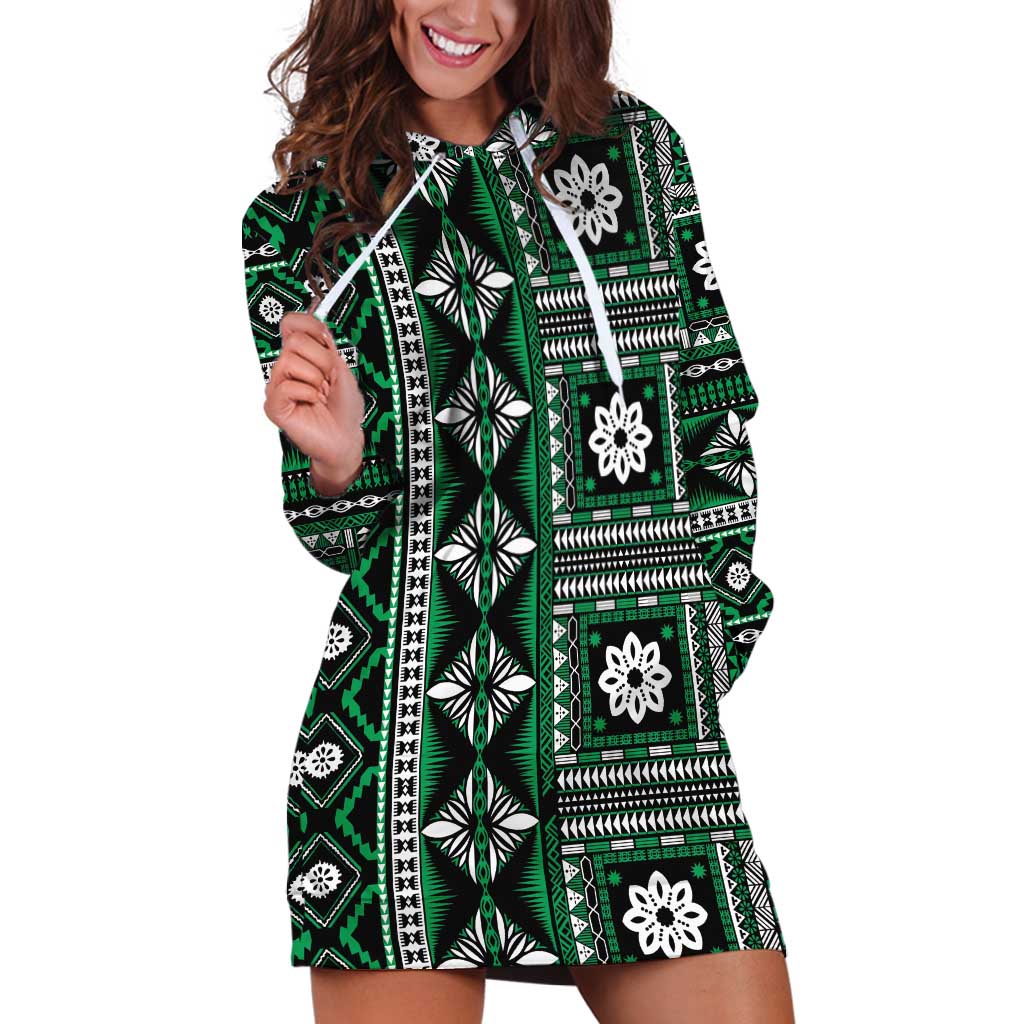 Fiji Masi Tapa Pattern Green Hoodie Dress - Polynesian Pride