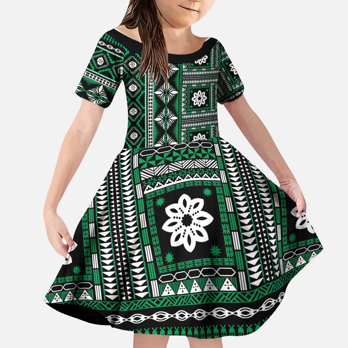 Fiji Masi Tapa Pattern Green Kid Short Sleeve Dress - Polynesian Pride