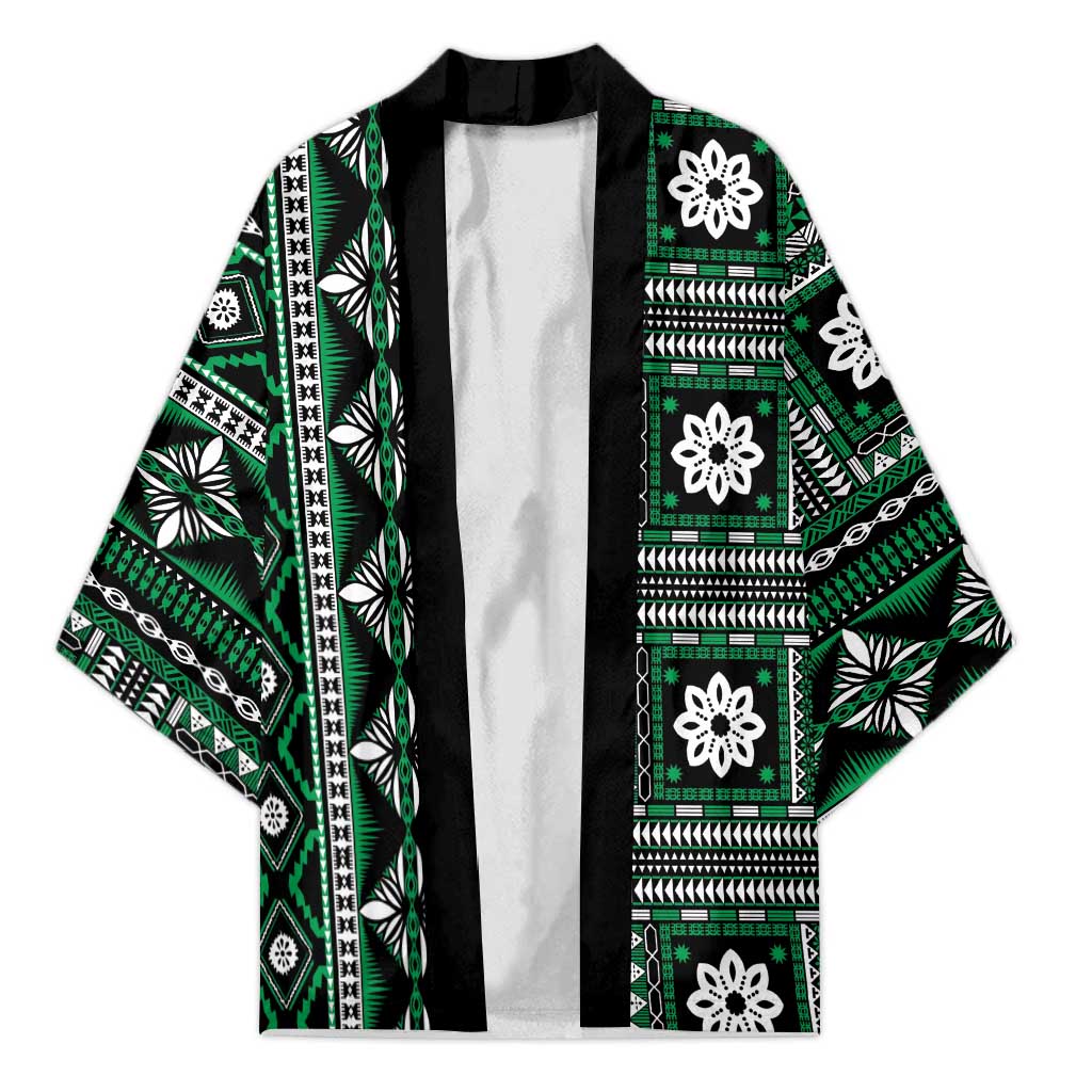 Fiji Masi Tapa Pattern Green Kimono - Polynesian Pride