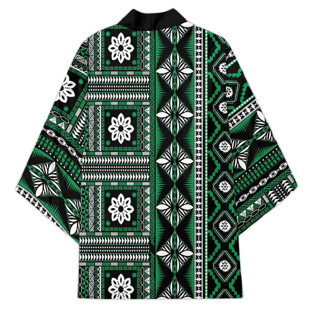 Fiji Masi Tapa Pattern Green Kimono - Polynesian Pride