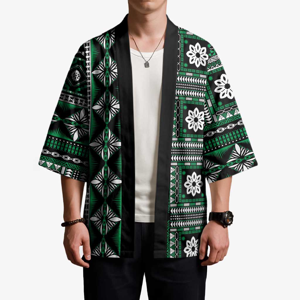 Fiji Masi Tapa Pattern Green Kimono - Polynesian Pride