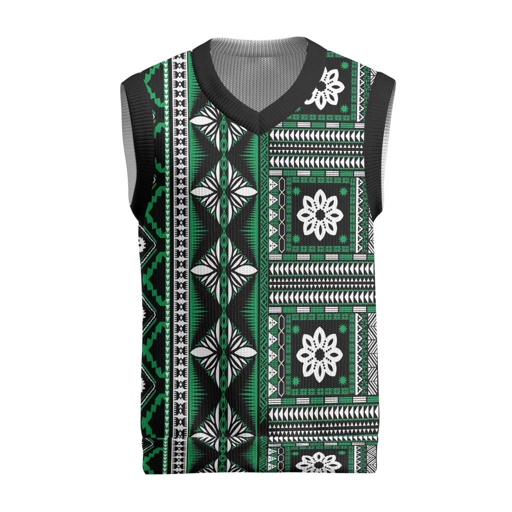 Fiji Masi Tapa Pattern Green Christmas Knitted V-Neck Vest - Polynesian Pride