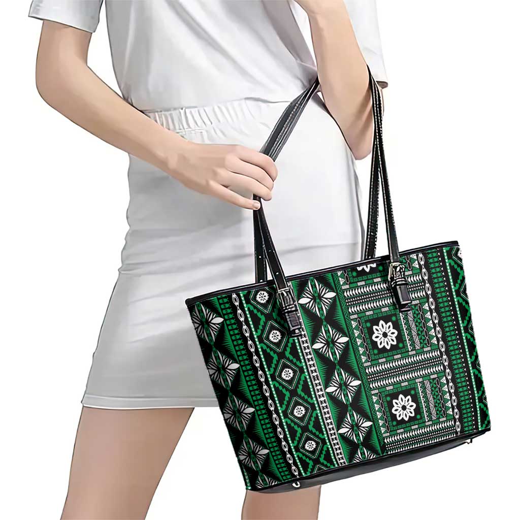 Fiji Masi Tapa Pattern Green Leather Tote Bag - Polynesian Pride