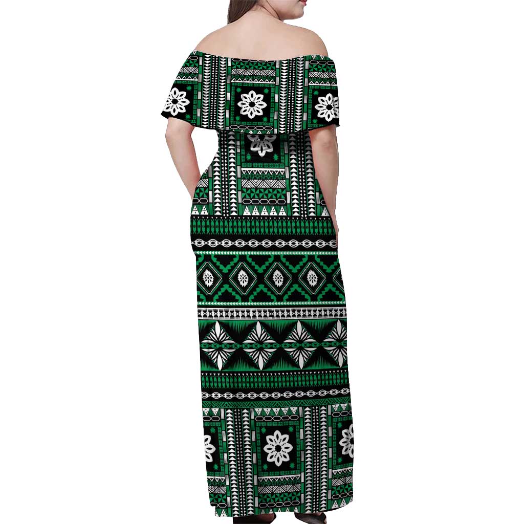 Fiji Masi Tapa Pattern Green Off Shoulder Maxi Dress - Polynesian Pride