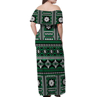 Fiji Masi Tapa Pattern Green Off Shoulder Maxi Dress - Polynesian Pride