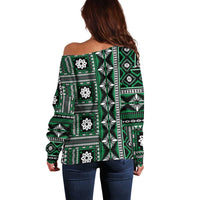 Fiji Masi Tapa Pattern Green Off Shoulder Sweater - Polynesian Pride
